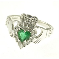 14k White Gold Diamond and Emerald Claddagh Ring