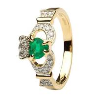 Ladies 14K Yellow Gold Claddagh With Emerald And D