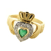 14kt Yellow Gold Diamond and Emerald Claddagh Ring