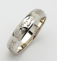 Mens 14K White Gold Domed Corrib Claddagh & Celtic