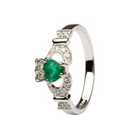 Ladies 14K White Gold Claddagh With Emerald And Di