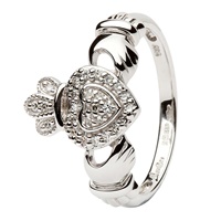 Shanore 14K White Gold Ladies Claddagh Ring Encrus