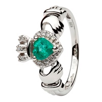 14K White Gold Claddagh With Emerald And Diamond (