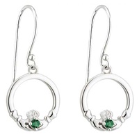 Sterling Silver Green Crystal Claddagh Drop Earrings