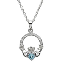 Sterling Silver Claddagh Birthstone March Pendant Adorned With Swarovski Crystal