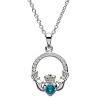 Sterling Silver Claddagh Birthstone December Pendant Adorned With Swarovski Crystal