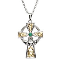 Silver Celtic Trinity Cross Set with Emerald and Diamond