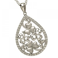 Sterling Silver Pear Shaped Shamrock Cluster Pendant Set with CZ