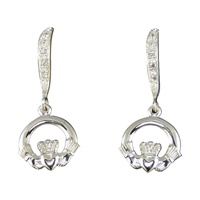 Tiny Claddagh Sterling Silver CZ Wave Dangle Earrings