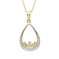 14K Yellow Gold Diamond Set Claddagh Teardrop Necklace