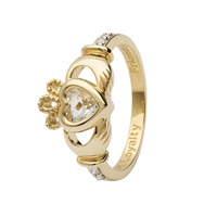 14K Yellow Gold Diamond Claddagh Birthstone Ring, April