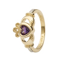 14K Yellow Gold Diamond Claddagh Birthstone Ring, February