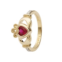 14K Yellow Gold Diamond Claddagh Birthstone Ring, July