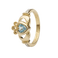 14K Yellow Gold Diamond Claddagh Birthstone Ring, March