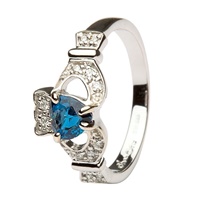 Platinum Plated Claddagh Ladies Ring with Sapphire and Diamond