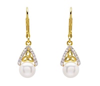 14KT Gold Vermeil Pearl/CZ Trinity Knot Drop Earrings