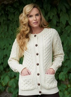 Traditional Ladies Aran Cardigan Irish Sweater, Natural (2)