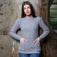 Ladies Cable Knit Crew Sweater, Grey