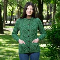 Irish Ladies Cardigan with Leather Buttons, Green (2)