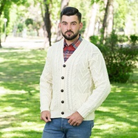 Mens V Neck Cable Cardigan, Natural (2)