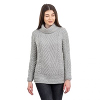 Ladies Aran Turtleneck Ribbed Cable Knit Sweater, Grey (2)