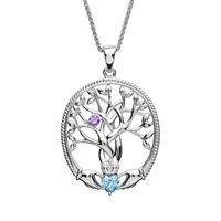 Sterling Silver Tree of Life 1 Stone Irish Family Claddagh Birthstone Pendant