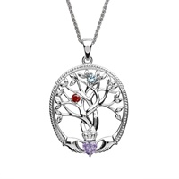 Sterling Silver Tree of Life 2 Stone Irish Family Claddagh Birthstone Pendant