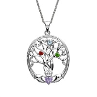 Sterling Silver Tree of Life 3 Stone Irish Family Claddagh Birthstone Pendant