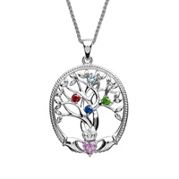 Sterling Silver Tree of Life 4 Stone Irish Family Claddagh Birthstone Pendant