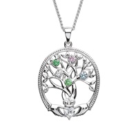 Sterling Silver Tree of Life 5 Stone Irish Family Claddagh Birthstone Pendant