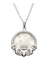 Shanore Sterling Silver Mother Of Pearl Claddagh Disc Necklace