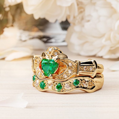 Boru Emerald and Diamond Set Claddagh Bridal Set Yellow or White Gold at eIrish