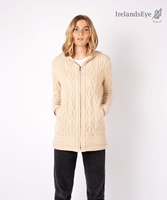 Aran Zipped Hooded Hazel Irish Sweater by Irelands Eye, Oatmeal Marl