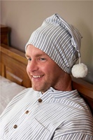 Mens Cotton Flannel Nightcap - Blue Ivory Stripe