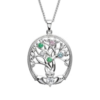Irish Family Claddagh Tree of Life Birthstone Pendant, 5 Stone