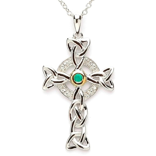 Shanore Sterling Silver Celtic Cross with Emerald and Diamond at eIrish