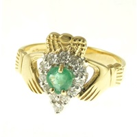 14k Yellow Gold Diamond and Emerald Claddagh Ring