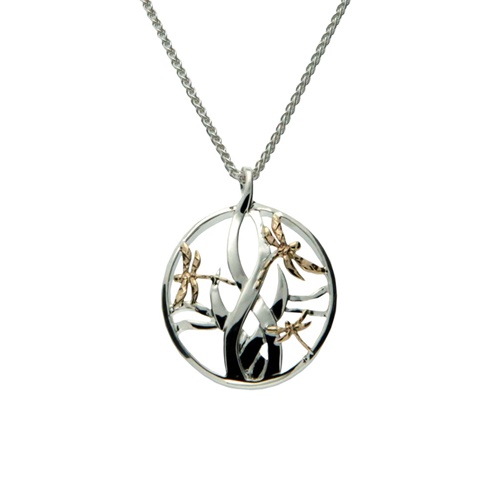 Sterling Silver and 10K Gold Dragonfly in Reeds Pendant, Small