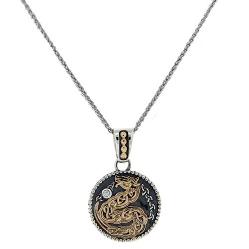 Sterling Silver Oxidized and 10K Yellow Gold CZ Medallion Dragon Reversible Pendant, Small
